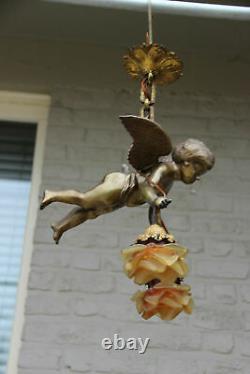 Superb antique parisian heavy bronze putti angel pendant lantern chandelier