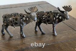 TWO Antique/Vintage Chinese Cast IronMOOSE Lantern Tea Light Candle Holder