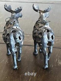 TWO Antique/Vintage Chinese Cast IronMOOSE Lantern Tea Light Candle Holder