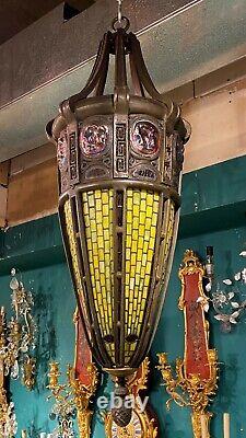 Turtleback Glass Lantern Hanging Lamp Chandelier After Tiffany