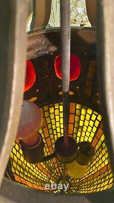 Turtleback Glass Lantern Hanging Lamp Chandelier After Tiffany