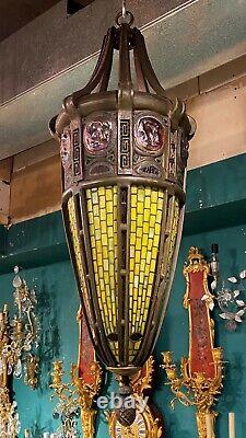 Turtleback Glass Lantern Hanging Lamp Chandelier After Tiffany