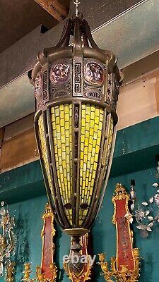 Turtleback Glass Lantern Hanging Lamp Chandelier After Tiffany