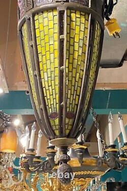 Turtleback Glass Lantern Hanging Lamp Chandelier After Tiffany