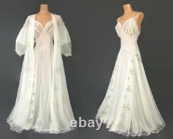 VINTAGE 50s White Sheer Chiffon Nightgown and Robe Peignoir Set Lantern Sleeves