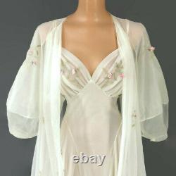 VINTAGE 50s White Sheer Chiffon Nightgown and Robe Peignoir Set Lantern Sleeves