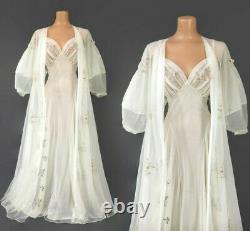 VINTAGE 50s White Sheer Chiffon Nightgown and Robe Peignoir Set Lantern Sleeves