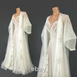 VINTAGE 50s White Sheer Chiffon Nightgown and Robe Peignoir Set Lantern Sleeves