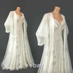 VINTAGE 50s White Sheer Chiffon Nightgown and Robe Peignoir Set Lantern Sleeves