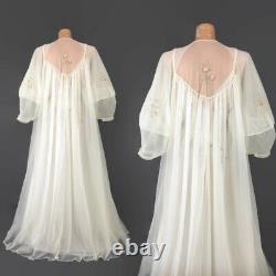 VINTAGE 50s White Sheer Chiffon Nightgown and Robe Peignoir Set Lantern Sleeves