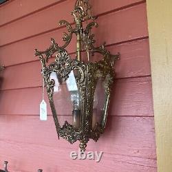 VINTAGE BRASS HALL FOYER LANTERN 4 SIDE French PENDANT CEILING LIGHT Glass Sides