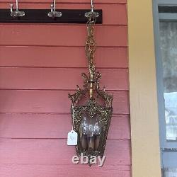 VINTAGE BRASS HALL FOYER LANTERN 4 SIDE French PENDANT CEILING LIGHT Glass Sides