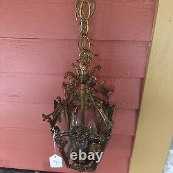 VINTAGE BRASS HALL FOYER LANTERN 4 SIDE French PENDANT CEILING LIGHT Glass Sides