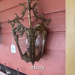 VINTAGE BRASS HALL FOYER LANTERN 4 SIDE French PENDANT CEILING LIGHT Glass Sides