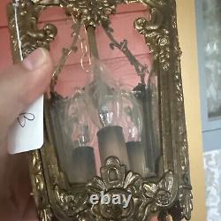 VINTAGE BRASS HALL FOYER LANTERN 4 SIDE French PENDANT CEILING LIGHT Glass Sides