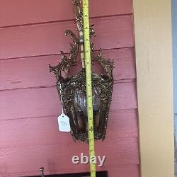 VINTAGE BRASS HALL FOYER LANTERN 4 SIDE French PENDANT CEILING LIGHT Glass Sides