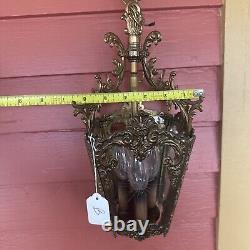 VINTAGE BRASS HALL FOYER LANTERN 4 SIDE French PENDANT CEILING LIGHT Glass Sides