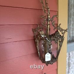 VINTAGE BRASS HALL FOYER LANTERN 4 SIDE French PENDANT CEILING LIGHT Glass Sides