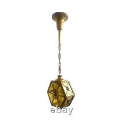 VL1213 Antique c1920 Brass Amber Glass Pendant Lantern Polychrome Restored