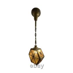 VL1213 Antique c1920 Brass Amber Glass Pendant Lantern Polychrome Restored
