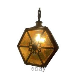 VL1213 Antique c1920 Brass Amber Glass Pendant Lantern Polychrome Restored