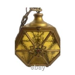 VL1213 Antique c1920 Brass Amber Glass Pendant Lantern Polychrome Restored