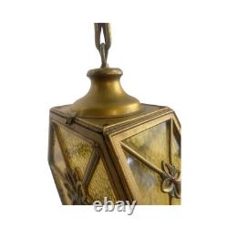 VL1213 Antique c1920 Brass Amber Glass Pendant Lantern Polychrome Restored