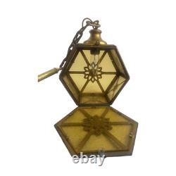 VL1213 Antique c1920 Brass Amber Glass Pendant Lantern Polychrome Restored
