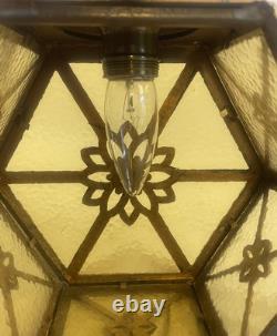 VL1213 Antique c1920 Brass Amber Glass Pendant Lantern Polychrome Restored