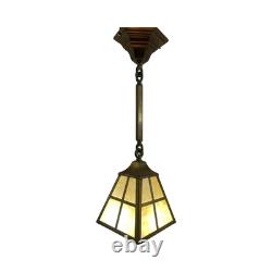VL1231 Antique c1910 Brass Craftsman Lantern Pendant Slag Glass Shade Restored