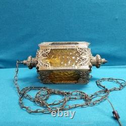 VTG 21'' Pagoda Lantern Swag Lamp Rippled Amber Glass Ornate Brass Framing