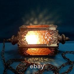 VTG 21'' Pagoda Lantern Swag Lamp Rippled Amber Glass Ornate Brass Framing