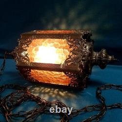 VTG 21'' Pagoda Lantern Swag Lamp Rippled Amber Glass Ornate Brass Framing