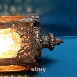 VTG 21'' Pagoda Lantern Swag Lamp Rippled Amber Glass Ornate Brass Framing