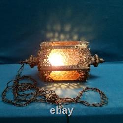 VTG 21'' Pagoda Lantern Swag Lamp Rippled Amber Glass Ornate Brass Framing