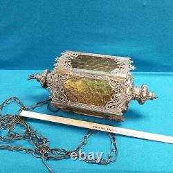 VTG 21'' Pagoda Lantern Swag Lamp Rippled Amber Glass Ornate Brass Framing