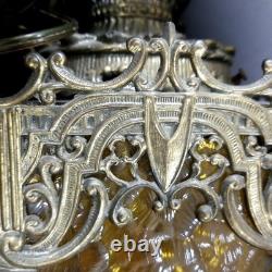 VTG 21'' Pagoda Lantern Swag Lamp Rippled Amber Glass Ornate Brass Framing