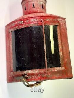 VTG Red Nautical Ship Lantern Fresnel Glass Lamp Light Fixture 100% Orig 1920s