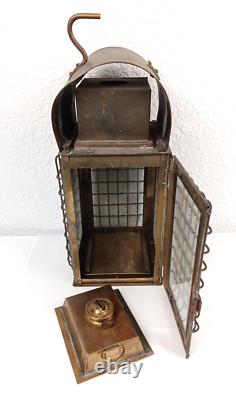 Vintage 15 Brass Kerosene Lantern Stall Lamp Caged Glass Wedge