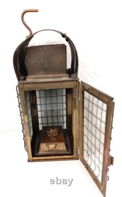 Vintage 15 Brass Kerosene Lantern Stall Lamp Caged Glass Wedge