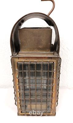 Vintage 15 Brass Kerosene Lantern Stall Lamp Caged Glass Wedge