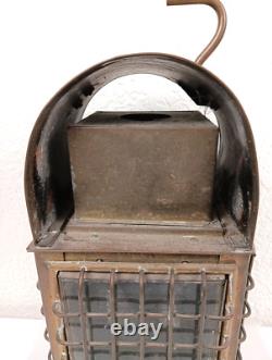 Vintage 15 Brass Kerosene Lantern Stall Lamp Caged Glass Wedge