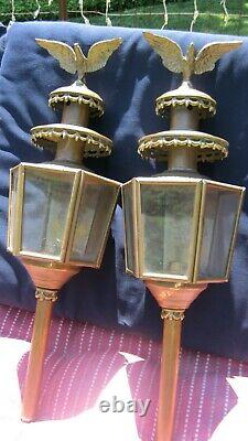 Vintage 1880's Set (2) Patriotic Brass Carriage/Coach Eagle Lanterns Patina