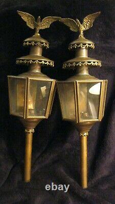 Vintage 1880's Set (2) Patriotic Brass Carriage/Coach Eagle Lanterns Patina