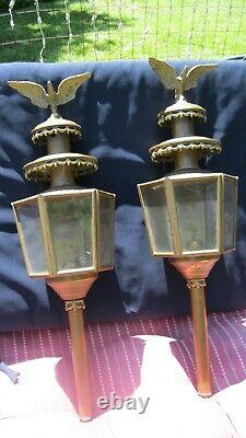 Vintage 1880's Set (2) Patriotic Brass Carriage/Coach Eagle Lanterns Patina