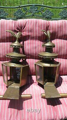 Vintage 1880's Set (2) Patriotic Brass Carriage/Coach Eagle Lanterns Patina