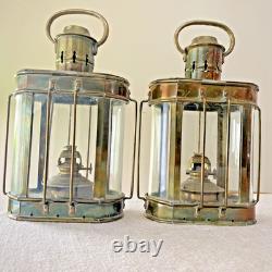Vintage 1900's WEDGE Brass & Glass Nautical Ship Oil Lantern Lamps Complete Orig