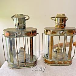 Vintage 1900's WEDGE Brass & Glass Nautical Ship Oil Lantern Lamps Complete Orig
