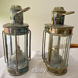Vintage 1900's WEDGE Brass & Glass Nautical Ship Oil Lantern Lamps Complete Orig