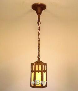 Vintage 1910 Art Craft Hanging Porch Hall Foyer Lantern Slag Glass Pendant Light